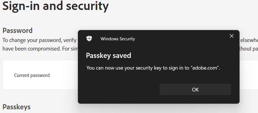Passkey saved Screenshot