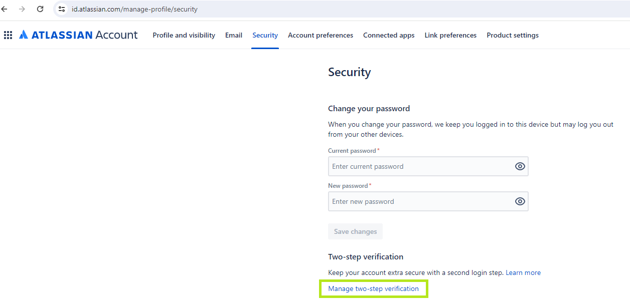 Atlassian Two‑step verification – Security key auswählen