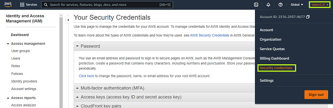 AWS Security Credentials Screenshot