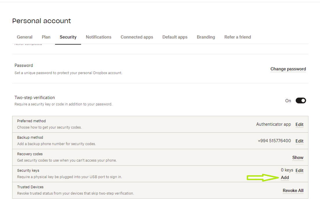 Dropbox Sicherheit → Einstellungen