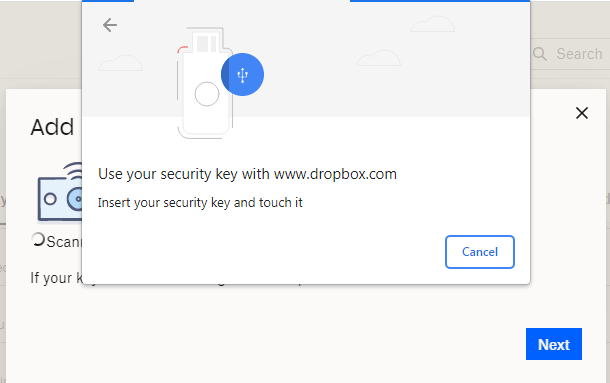 Dropbox Add security key Prompt