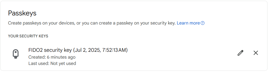 Google Übersicht registrierter Passkeys
