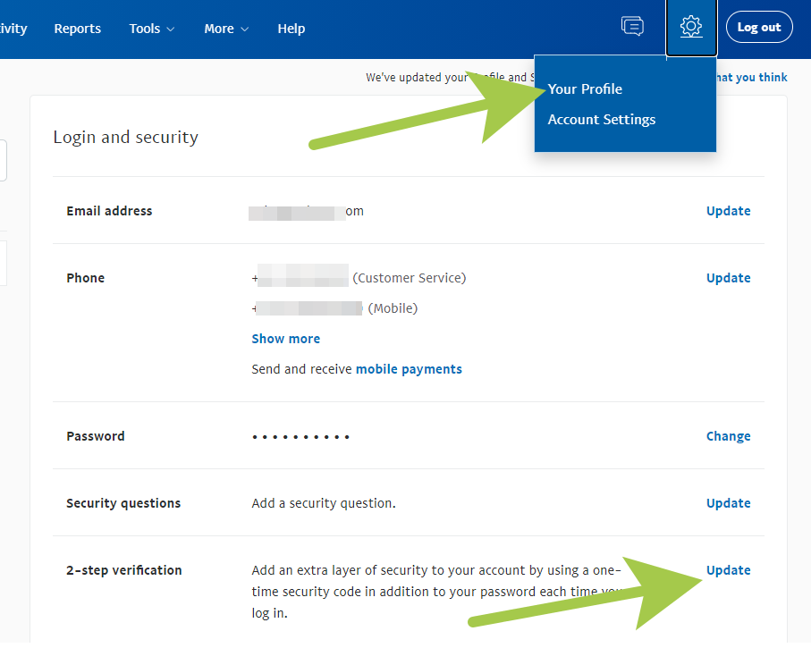 PayPal: Manage 2-step login