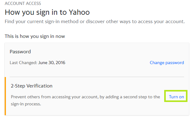 Yahoo: Turn on 2‑Step Verification