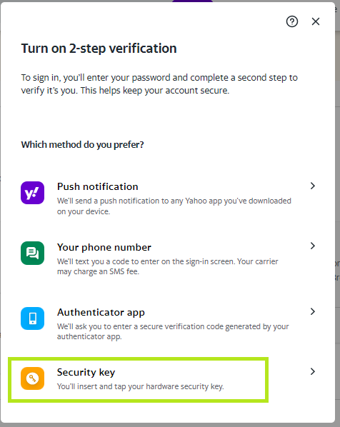 Yahoo: Security key auswählen